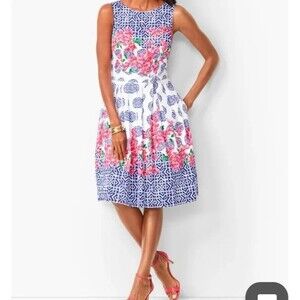Talbots 14P Sleeveless Belted Mosaic Floral Fit Flare Dress Blue Pink